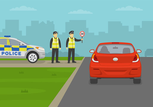 Traffic police checkpoint. Officer holding a speed limit sign. Traffic flow on a city road. Back view of a red sedan car. Flat vector illustration template.