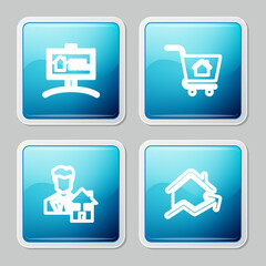 Set line Hanging sign with Open house, Shopping cart, Realtor and Rising cost of housing icon. Vector