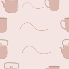 Pattern teapot with a mug on a pink background.