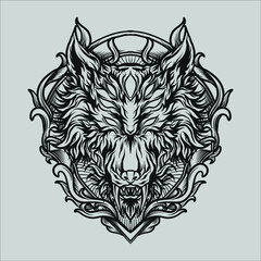 tattoo and t shirt design black and white hand drawn alien wolf