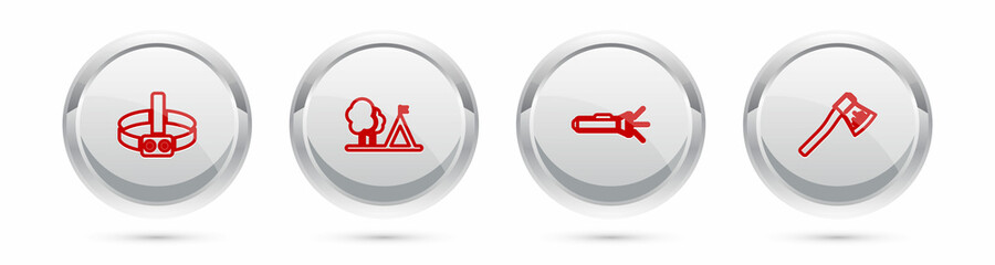 Set line Head flashlight, Tourist tent with flag, Flashlight and Wooden axe. Silver circle button. Vector