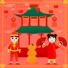 Chinese new year greeting card with cute little boy and girl in traditional costumes and building with lanterns