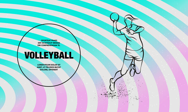 Professional volleyball player jumps and hits the ball. Vector outline of volleyball sport illustration.