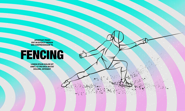 Female fencer in an attacking pose. Vector outline of fencing sport illustration.