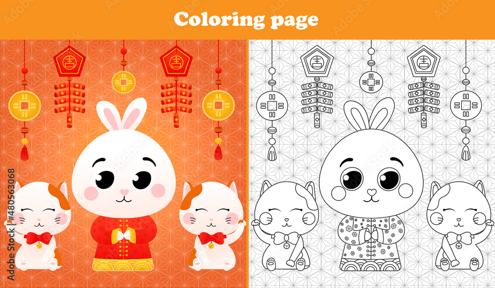 Wall mural printable worksheet with coloring page for kids with rabbit in chinese traditional costume with lant