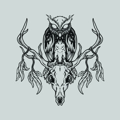 tattoo and t shirt design black and white hand drawn owl and deer skull