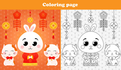 Printable worksheet with coloring page for kids with rabbit in chinese traditional costume with lantern and lucky cats in cartoon style
