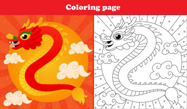 Printable Worksheet With Coloring Page For Kids With Traditional Chinese Dragon In Oriental Style With Clouds And Sun In Cartoon Style