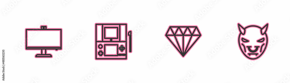 Poster set line computer monitor, diamond, portable video game console and mask of the devil with horns ico