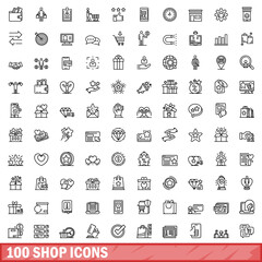 100 shop icons set, outline style