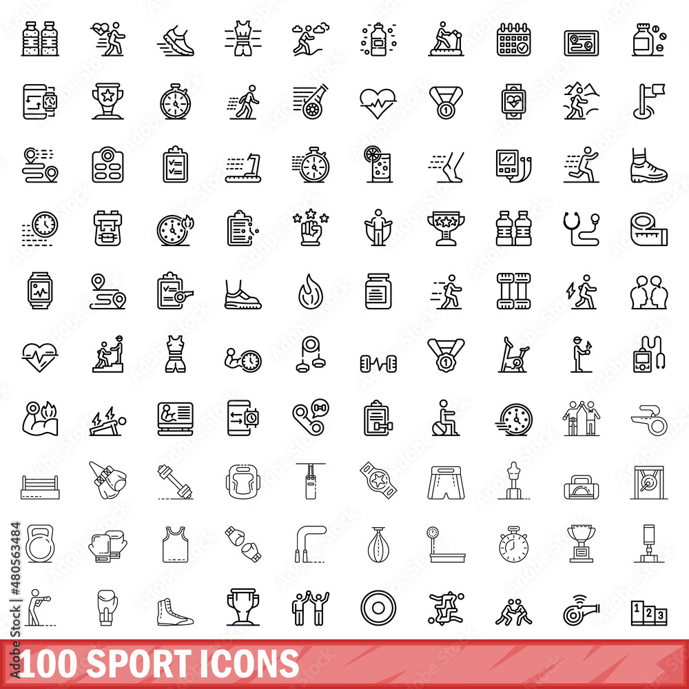 Sticker 100 sport icons set, outline style - Stickers