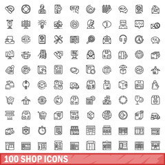 100 shop icons set, outline style