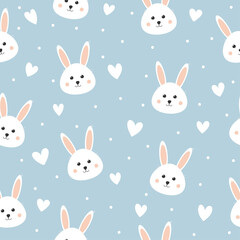 Seamless pattern with cute bunny and hearts. Lovely rabbit on blue background. Background for baby shower, wall art, fabric, textile and invitation