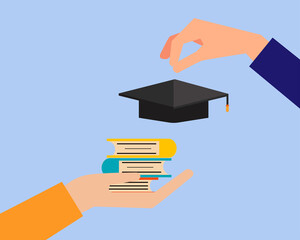 Education concept: There are two hansd with graduate cap, many books in cartoon vector style for your design.	