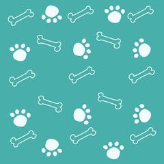 Bone and paw pattern background: Many dogs paw print and bones. Cartoon vector style for your design.