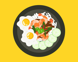 Top view: rice and stir-fried shrimps with Thai holy basil and fried eggs. Asian food style. Cartoon vector style for your design. 