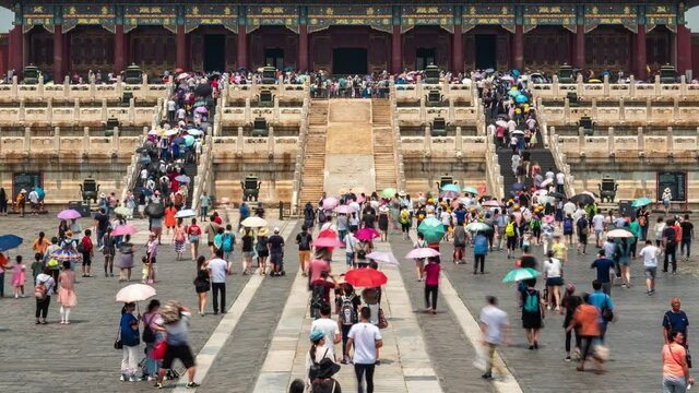 Time lapse view of tourists visiting the Forbidden City palace complex in Beijing, China. The Forbidden City is one of the most popular tourist attractions in the country.