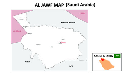 Al Jawf map. Political map of Al Jawf. Al Jawf Map of Saudi Arabia with white color.