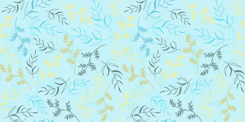 seamless botanical spring floral pattern with sprigs in trendy colors. Fantasy Botanical elements twigs and flowers. Vector illustration