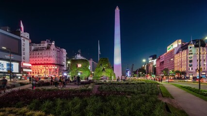 Time lapse view of the iconic Obelisk of Buenos Aires on 9 de Julio Ave at night in Buenos Aires, Argentina, South America.