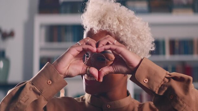 Beautiful young African American woman demonstrates heart gesture fingers of hands, showing friendliness and romantic mood or love for interlocutor standing in front of bookshelf. Headshot screen view