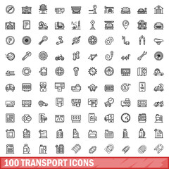 100 transport icons set, outline style