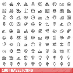 100 travel icons set, outline style
