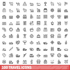 100 travel icons set, outline style