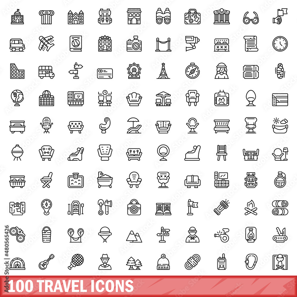 Sticker 100 travel icons set, outline style - Stickers