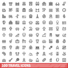 100 travel icons set, outline style