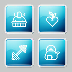 Set line Sauna and spa procedures, Heart, Dumbbell and Teapot with cup icon. Vector
