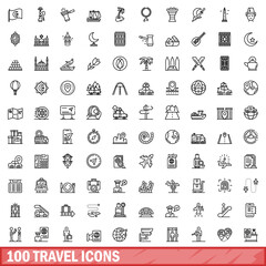 100 travel icons set, outline style