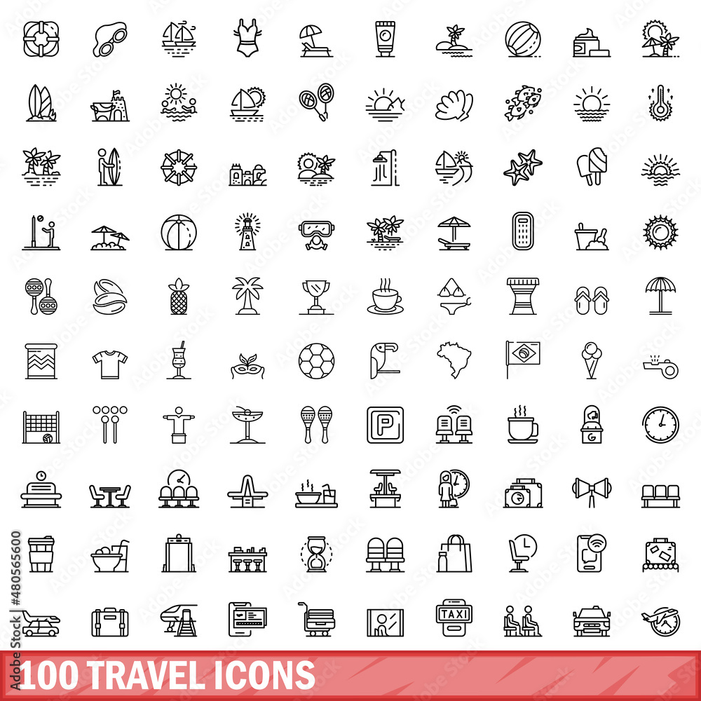 Wall mural 100 travel icons set, outline style