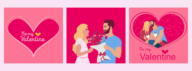 Set of cards for Happy Valentine's Day with young couples in love. Relationship, Be my Valentine, Valentine's day, Romantic concept. Editable vector illustration