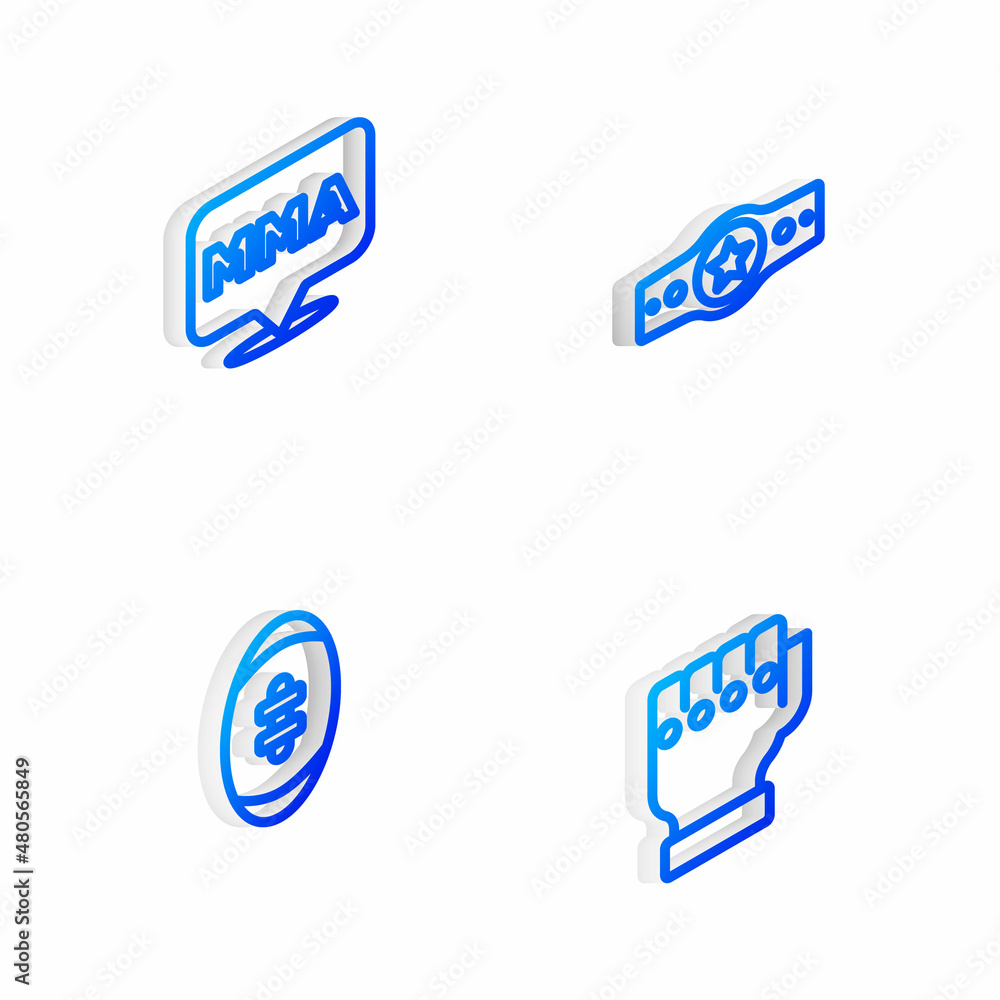 Sticker Set Isometric line Boxing belt, Fight club MMA, American Football ball and glove icon. Vector