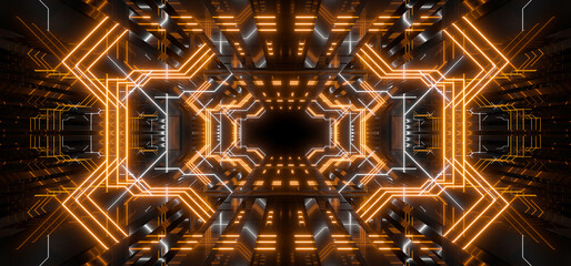 Sci Fy neon lamps in a dark corridor. Reflections on the floor and walls. 3d rendering image.