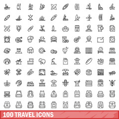 100 travel icons set, outline style