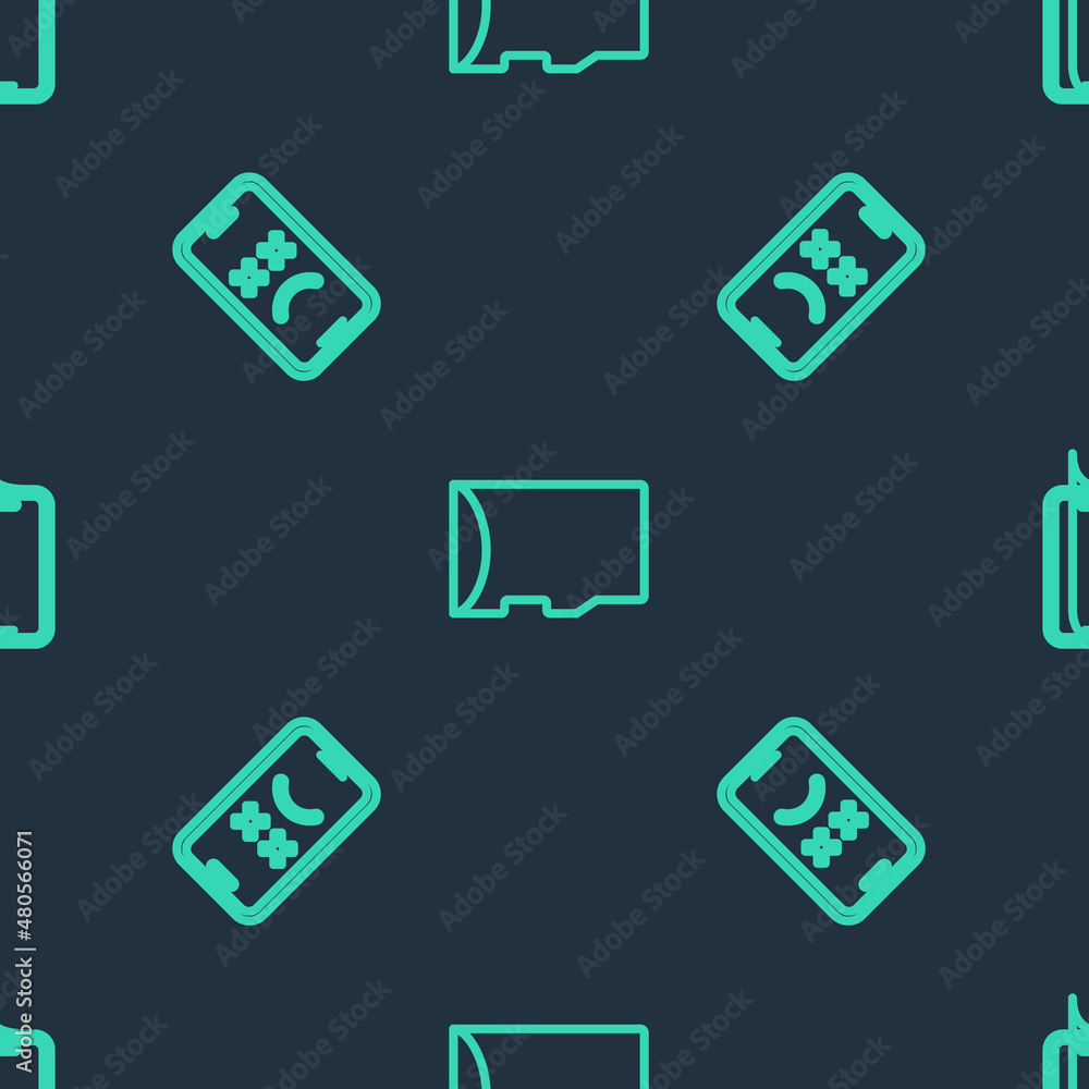 Poster Set line Micro SD memory card, Dead mobile and Glass screen protector on seamless pattern. Vector