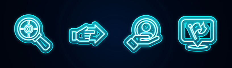 Set line Target with magnifying glass, Hand pointing finger, for search people and Flag. Glowing neon icon. Vector