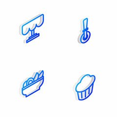 Set Isometric line Pizza knife, Wooden table, Nachos in plate and Cupcake icon. Vector