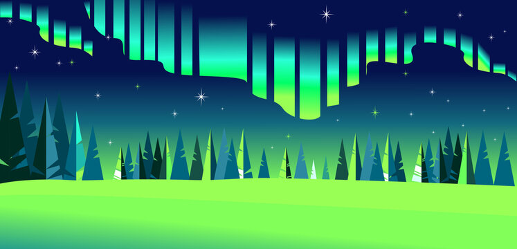 A winter landscape with northern lights in the sky, snow and fir trees. Finnish / Lapland / Nordic / Scandinavian nature.
