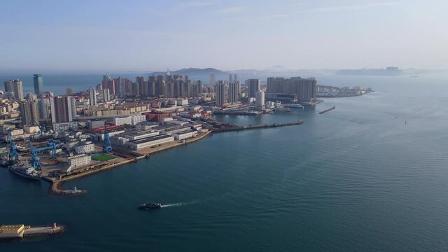 Aerial photography of Qingdao city coastline international cruise terminal