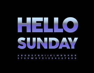 Vector greeting card Hello Sunday with modern Alphabet Letters and Numbers set. Purple metal Font
