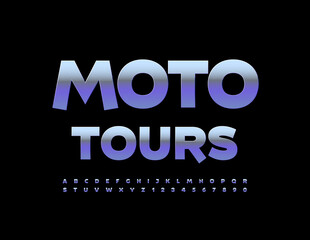 Vector silver Emblem Moto Tours. Trendy Steel Font. Metallic Alphabet Letters and Numbers set