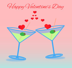 set of cocktails, two glasses of martini create a romantic mood on Valentine's Day.