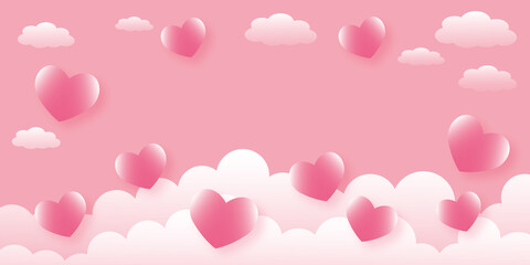 Pink hearts with clouds on pastel pink background. Concept for Wedding, Valentine’s day, Women’s, Mothers, Fathers, poster, card, love. space for the text. paper cut design style.