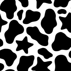 Seamless pattern with cow spots and stars. Cow skin. Seamless pattern black and white. Vector illustration. For textiles, Wallpaper, wrapping paper, bed linen.