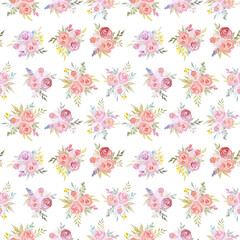 Fototapeta na wymiar Watercolor botanical seamless pattern wild flowers and garden plants. Hand drawn leaves, pink flowers, herbs and natural elements. For birthday, wedding card, love, invitation, greeting, mother day.