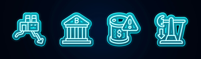 Set line Shutdown of factory, Bank building, Drop crude oil price and . Glowing neon icon. Vector