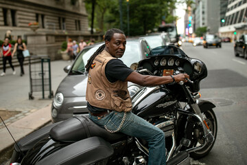 Fototapeta na wymiar Cool handsome middle aged afro American man sitting on a Harley motorbike (motorcycle) on the street on Manhattan. New York. Wearing jeans and black t-shirt. Smiling and positive. Relaxed.